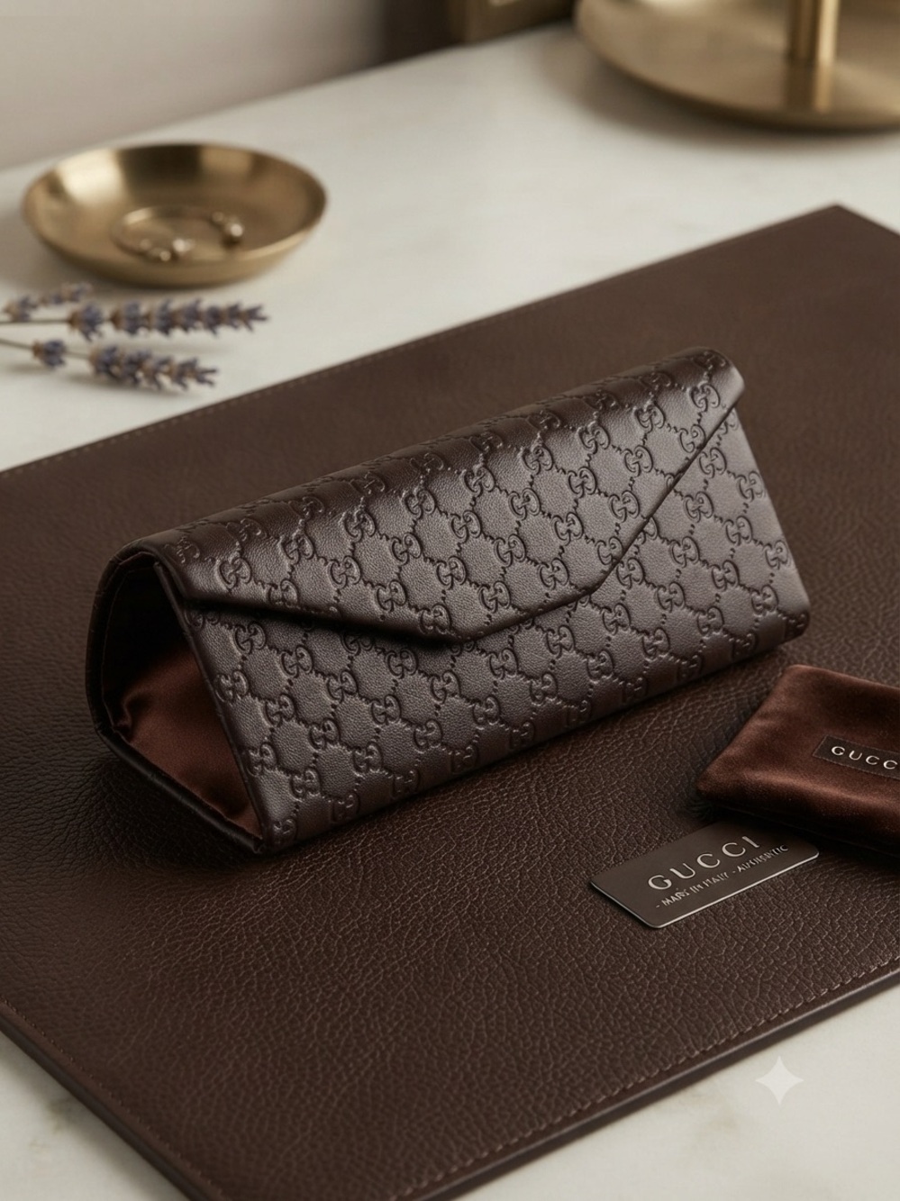 Gucci GG Monogram Trifold Leather Eyeglasses Sunglasses Case Brown AUTHENTIC